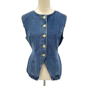Shein Curve Medium Wash Denim Gold Button Front Tie Back Sleeveless Western Top